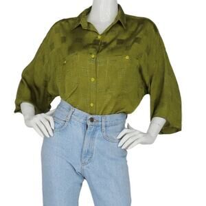 80s Vintage Andrew Sport Shiny Textured Olive Green Embroidered Disco Mom Shirt
